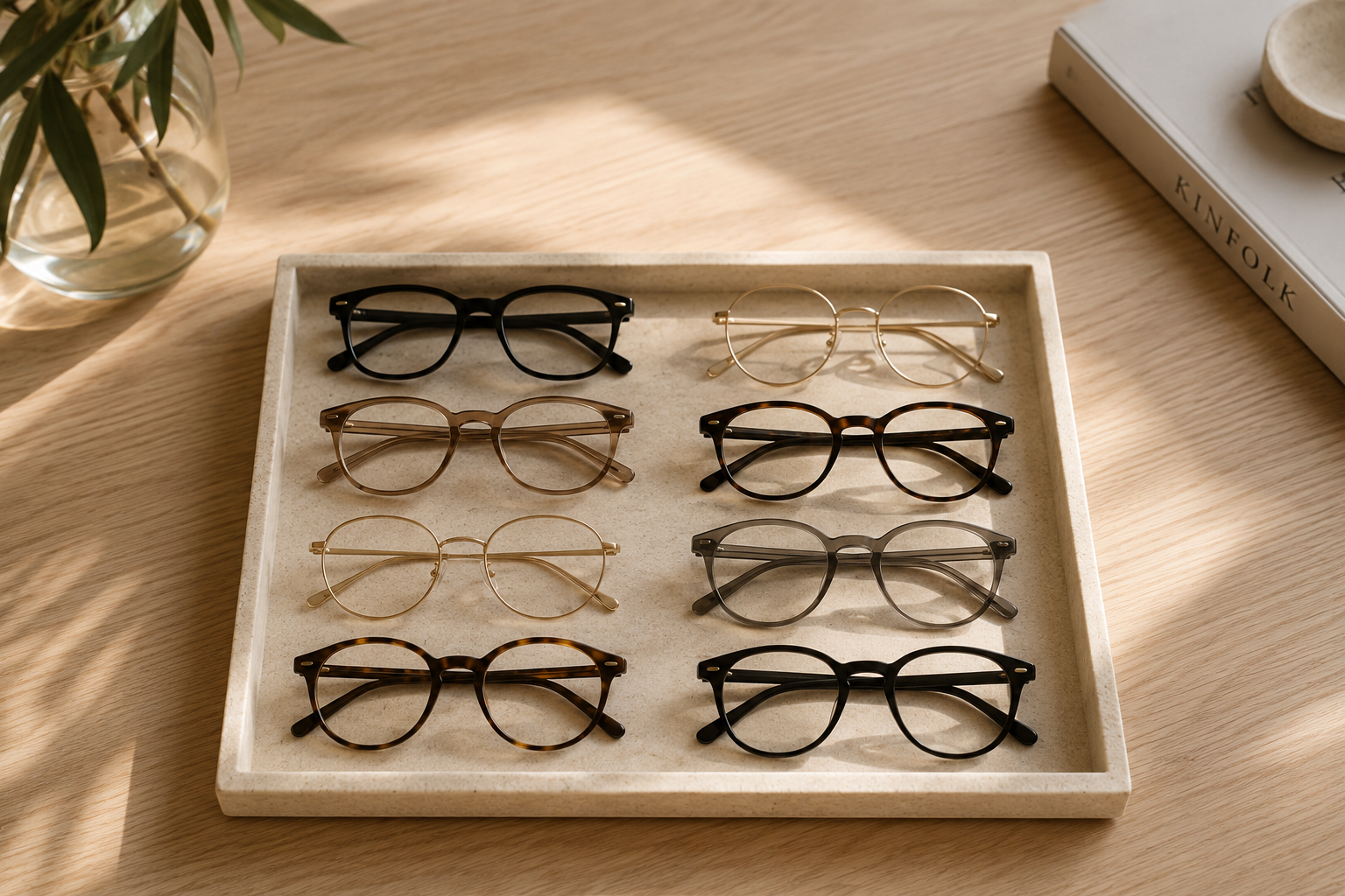 a selection of glasses frames laid out on a display tray